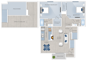White Oak Apartments in Encino A floor plan for a two bedroom apartment at White Oak Apartments in Encino, available for rent.