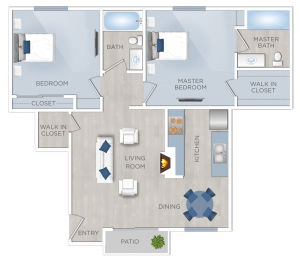 White Oak Apartments in Encino A floor plan of a two bedroom apartment available for rent in Encino at White Oak Apartments.